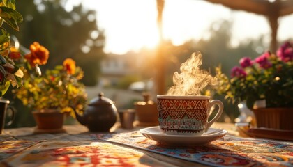 Steaming Teacup on Patio Table at Sunrise