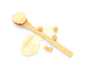 Wooden spoon with delicious hummus, chickpeas and smear on white background
