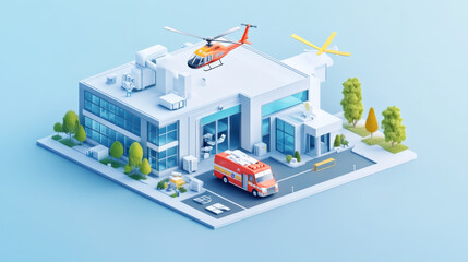 Fototapeta premium Healthcare system solutions isometric landing page. Helicopter landing on hospital roof, ambulance driving. Medicine technologies, clinic health care infrastructure development 3d vector web banner