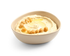 Bowl of delicious hummus with chickpeas on white background