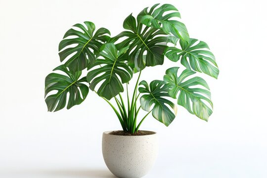 A realistic 3D-rendered potted monstera plant with detailed leaves and a modern ceramic pot, isolated on white.