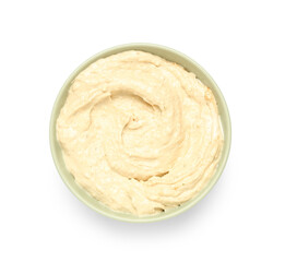 Bowl of delicious hummus on white background