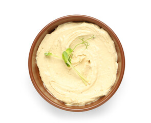 Bowl of delicious hummus with micro green on white background