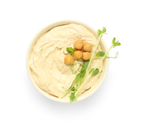 Bowl of delicious hummus with chickpeas and micro green on white background