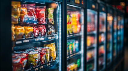 Vending machines with chewing gum, snacks and coffee. Equipment for automatic food and beverage serving. Convenient retail automated dispensers filled with packages of products. Cartoon vector.