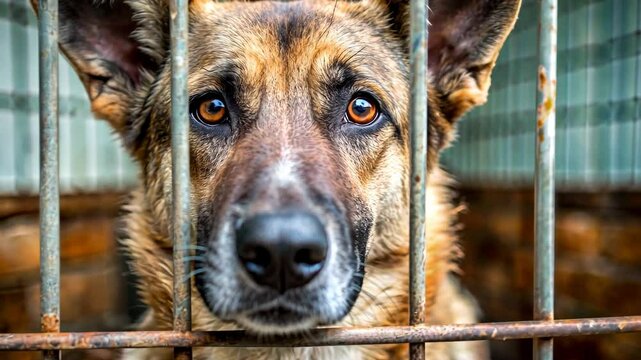 Sad abandoned dog in animal shelter behind bars waiting for adoption