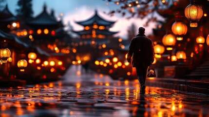 Man Walking Through Lantern-Lit Asian Street at Night  
