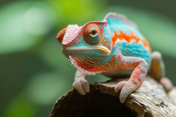Obraz premium Colorful Chameleon Perched on Branch in Lush Forest