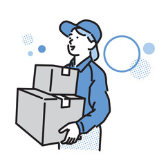 シンプル　イラスト　段ボールを運ぶ笑顔の配達員の女性