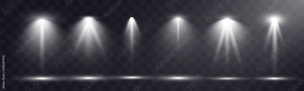 Poster empty spotlight stage with dark gradient background and bright beams of light illuminating the cente