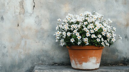 Naklejka premium Charming White Flowers in Terracotta Pot against Aged Wall