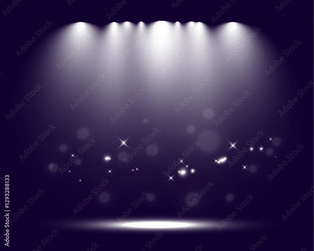 Poster 	
Empty spotlight stage with dark gradient background and bright beams of light illuminating the center. Suitable for presentations, performances, or dramatic effects.	
