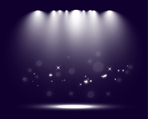 Obraz premium Empty spotlight stage with dark gradient background and bright beams of light illuminating the center. Suitable for presentations, performances, or dramatic effects. 