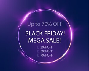 Neon black friday sale banner in circular format with glowing frame, discount percentages, and promotional text on dark purple background.
