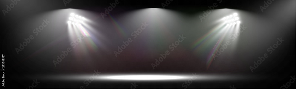 Poster 	
Empty spotlight stage with dark gradient background and bright beams of light illuminating the center. Suitable for presentations, performances, or dramatic effects.	
