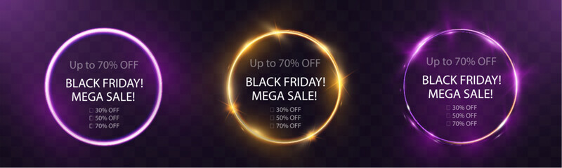 Neon black friday sale banner with three circular shapes in yellow and purple colors, glowing frames, discount percentages, and promotional text on dark background.
