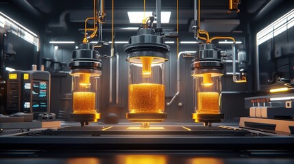 Modern Laboratory Setup with Glass Containers and Orange Liquid