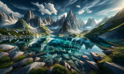 Atemberaubende, abstrakte Berglandschaft mit Bergsee, abstrakt, Malgrund, copy space