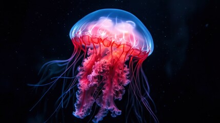 Naklejka premium Glowing Jellyfish Floating in Dark Ocean Depths