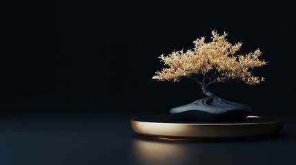 Golden bonsai tree on dark background.