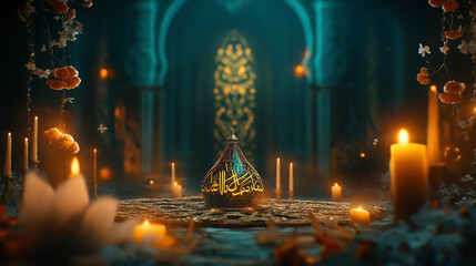 Mystical Islamic Ornament Candles Teal Spiritual Atmosphere Ramadan Decor Elegant Golden Calligraphy Ambient Lighting Dark Blue Background Intricate Design Peaceful Scene Serene Religious Holy        