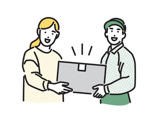 シンプル　イラスト　笑顔で荷物を手渡しする配達員の男性