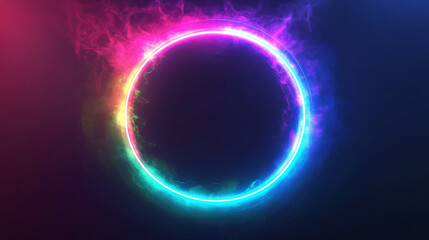 Obraz premium Neon light glow effect on abstract magic halo ring. 3d futuristic circular frame in blue, pink, green and purple. Electric beam and circle aura isolated on transparent background. Fantasy orb hole