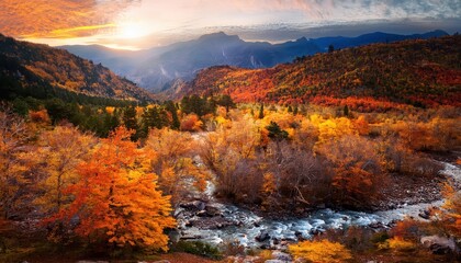 Fototapeta premium Vibrant Autumn Forest A Symphony of Reds and Golds Amidst Majestic Mountains, Capturing the Serene Beauty of Natures Transition