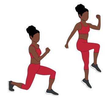 A Black African woman in red clothing doing lunge to jumps exercise. Flat vector illustration isolated on white background.