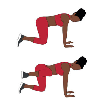 A Black African woman in red clothing doing fire hydrants exercise. Flat vector illustration isolated on white background.