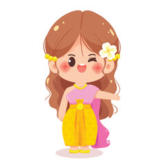 Cute Thai Girl Waving in Traditional Dress Cartoon Illustration