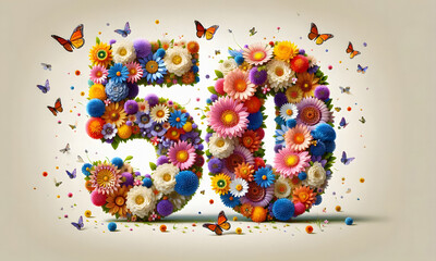 Die Zahl 50 aus bunten Blüten gelegt auf hellem Hintergrund, copy space