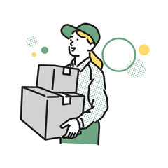 シンプル　イラスト　段ボールを運ぶ笑顔の配達員の女性