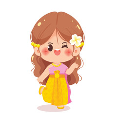 Cute Thai Girl Playful Pose in Traditional Dress Cartoon Illustration