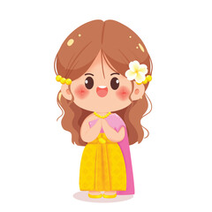 Cute Thai Girl Greeting in Traditional Dress Cartoon Illustration