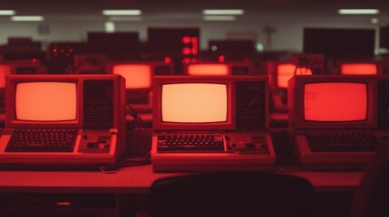 Retro Computers in Red-Lit Room