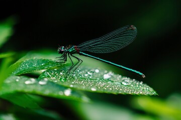 Blue dragonfly resting on dewy leaf in dark forest