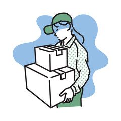 シンプル　イラスト　荷物が多くてうんざりする配達員の女性