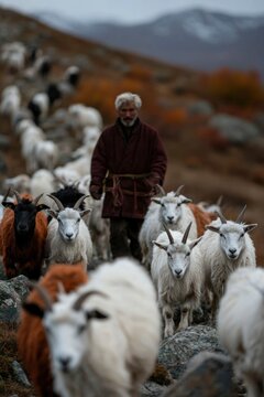 Shepherd Herding Goats on Mountainside in Autumn