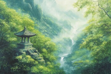 Serene landscape with lush greenery, peaceful river, traditional pagoda in misty mountains, natural beauty, tranquil outdoor scene, perfect for relaxation and meditation.