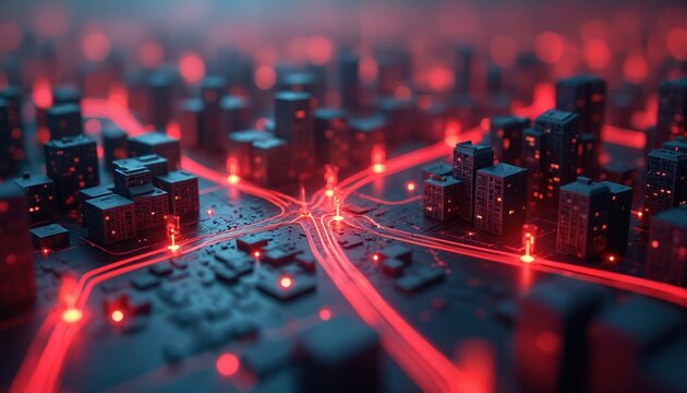 Stylized miniature city with red markers, digital grid lines advanced urban mapping, geofencing tech. Futuristic cityscape concept communication network, data transmission, smart city infrastructure,
