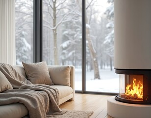 Fototapeta premium Modern living room with sleek fireplace featuring flames. Soft blankets on the sofa provide comfort. Large window shows snow-covered trees outside creating warm cozy serene winter atmosphere indoors.