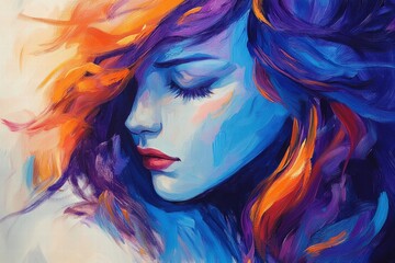 Portrait of a young woman with vibrant colorful hair and artistic makeup, showcasing creativity, beauty, and self-expression in contemporary art style.
