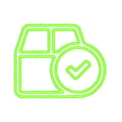 Icon box check from the flow of energy of green color. Shimmering neon