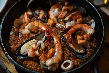 Close-up of Spanish traditional seafood paella.