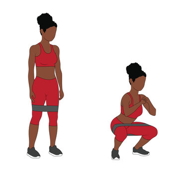 A Black African woman in red clothing doing squats with a resistance band. Flat vector illustration isolated on white background