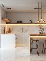 The luxurious modern kitchen with marble and warm lighting