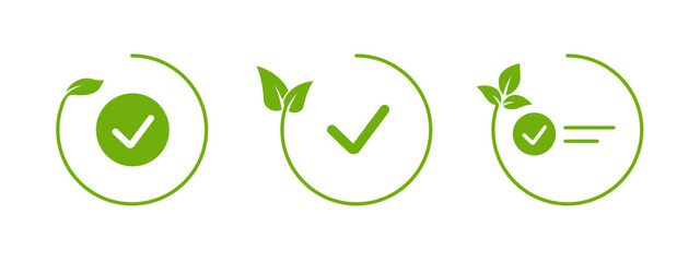 A minimalistic green leaf icon with a circular outline and a check mark, symbolizing ecology, sustainability, and organic lifestyles, ideal for eco-friendly logos and products. © Богдан Скрипник