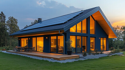 Obraz premium Close up of a new rural green house with solar panel system