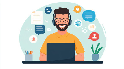 Customer support service landing page. Call center online help concept with specialist solve client problems via internet. Operator staff in headset work on pc at hotline, Line art vector web banner